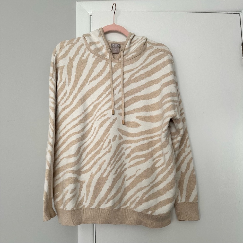 Chico's Zenergy cashmere blend Animal Print Hooded Sweater Size L (2) cream